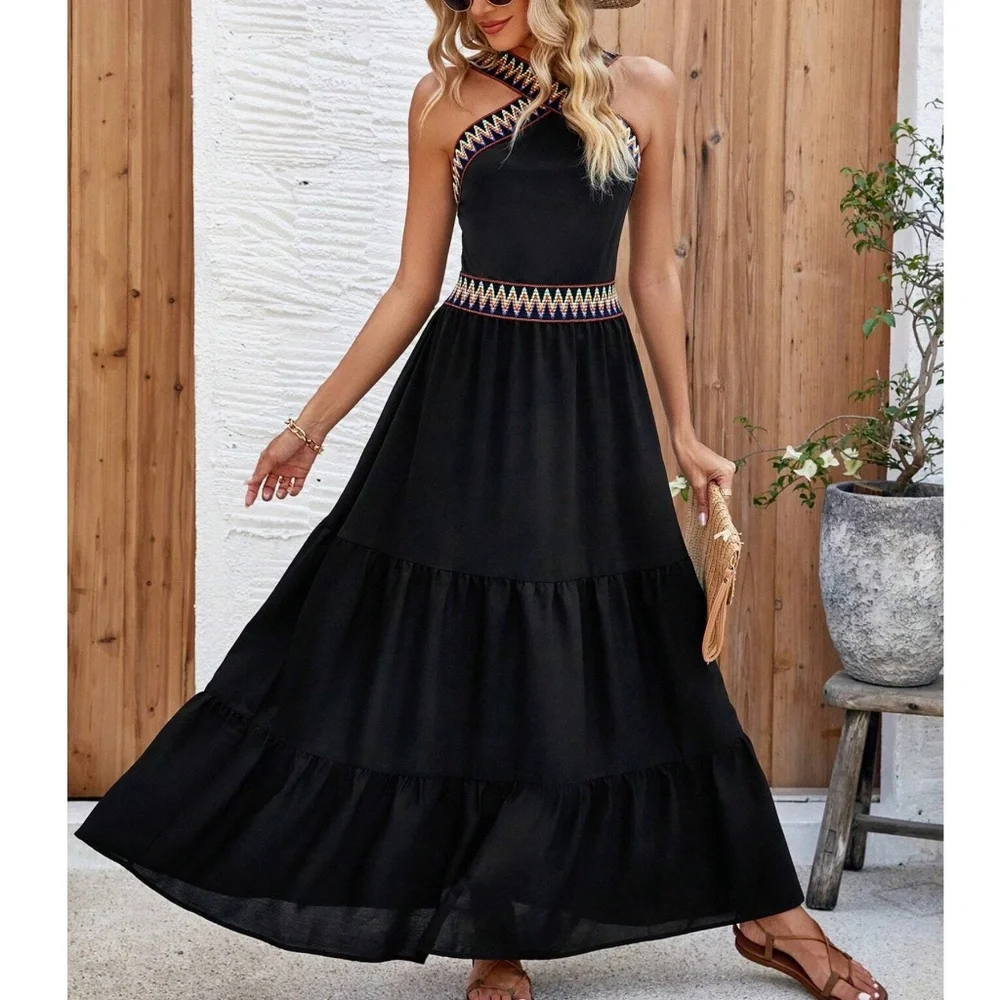 Boho Black Chevron Halter Maxi Dress - Picture 1 of 3